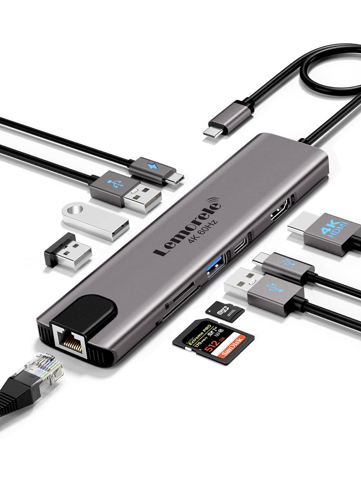 Lemorele Aluminiumgehäuse USB-C Hub Docking Station11-in-1-4K@60Hz HDMI, Gigabit Ethernet, 100W PD,