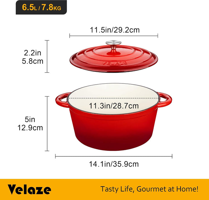Velaze Gusseisen Topf 29cm, 6.5L Gusseisen Bräter mit Deckel, Hochwertiger Emaille Topf Gross, Brotb