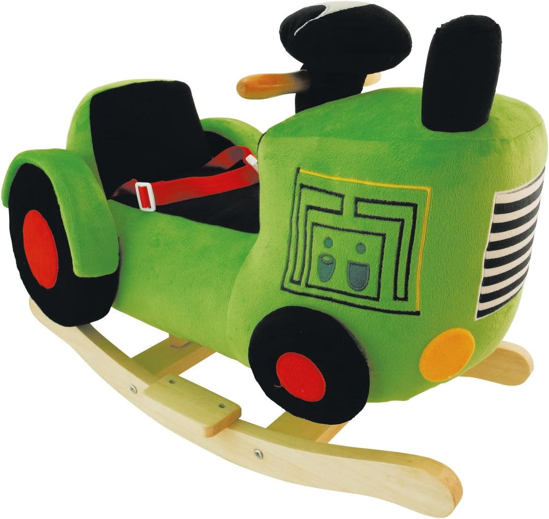 Bieco Plüsch Schaukeltier Traktor 60 cm | Kinder Schaukelstuhl mit Sicherheitsgurt | Baby Schaukel |