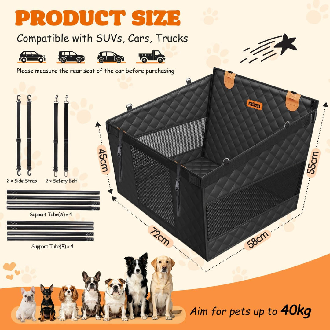 Nobleza Hundeautositz L72 x B58 x H55cm Schwarz | Rücksitzverlängerung Verstärkt für Mittlere Hunde