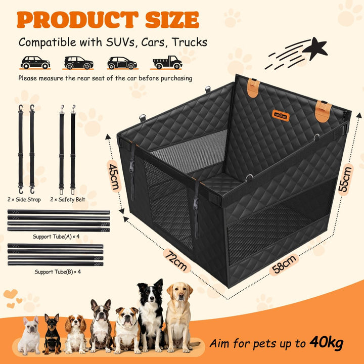 Nobleza Hundeautositz L72 x B58 x H55cm Schwarz | Rücksitzverlängerung Verstärkt für Mittlere Hunde