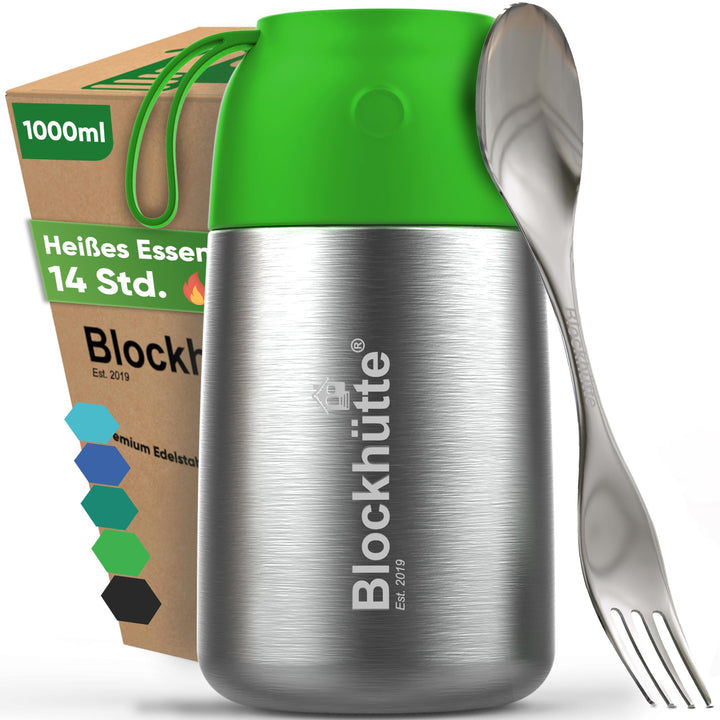 Blockhütte Edelstahl Thermobehälter I 1L l Essen warmhalten Behälter, auslaufsicher I Thermos Essens