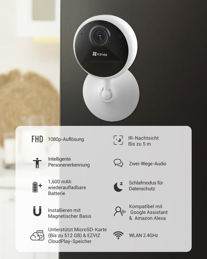 EZVIZ Akku Kamera Innen kabellos, 512GB Speicher, keine Abonnementgebühr, Alexa und Google kompatibe