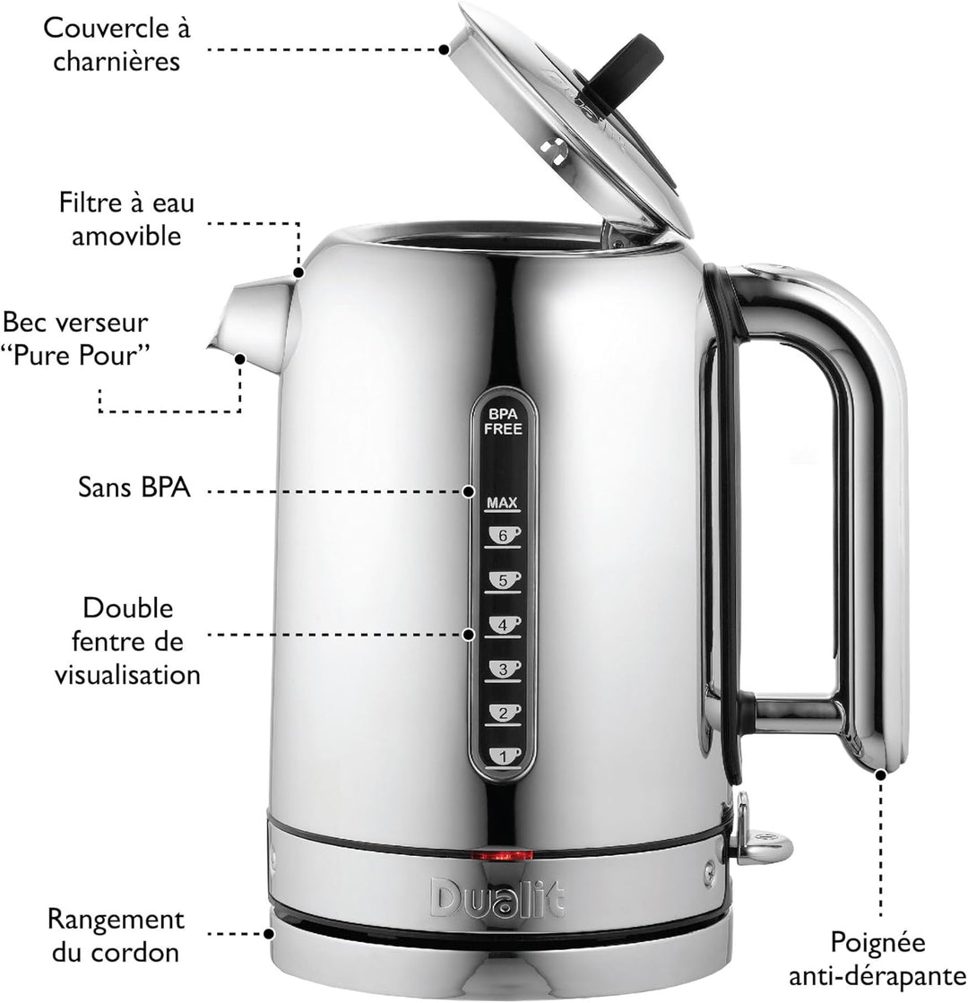 Dualit Classic Wasserkocher – Wasserkocher Design Edelstahl Hochglanz mit Schwarzem Rand –Schnellauf
