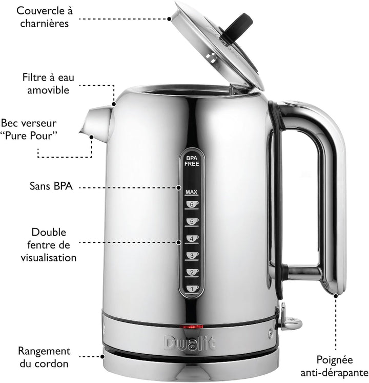 Dualit Classic Wasserkocher – Wasserkocher Design Edelstahl Hochglanz mit Schwarzem Rand –Schnellauf
