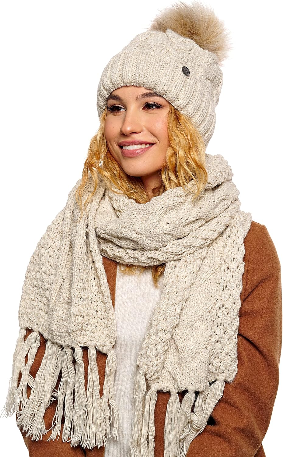 Winter Mütze Damenmütze mit Fell-Bommel Fleece Innenfutter gefüttert - warme Damen Bommelmütze Stric