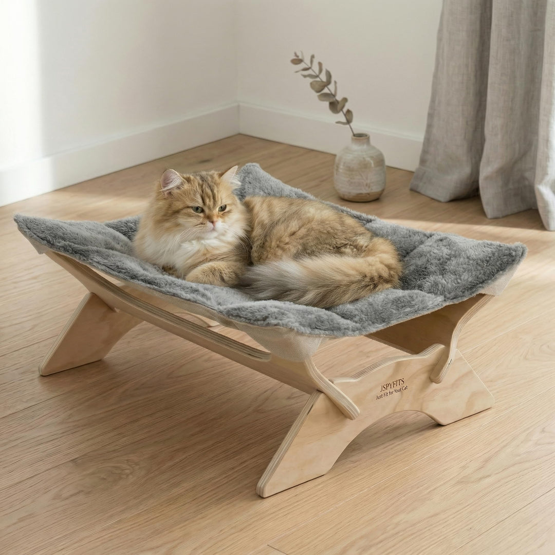 JSPYFITS Katzenbett, Plüsch-Samt-Katzenbetten für Indoor-Katzen, Katzenhängematte aus Holz, 54 x 42