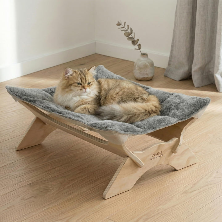 JSPYFITS Katzenbett, Plüsch-Samt-Katzenbetten für Indoor-Katzen, Katzenhängematte aus Holz, 54 x 42