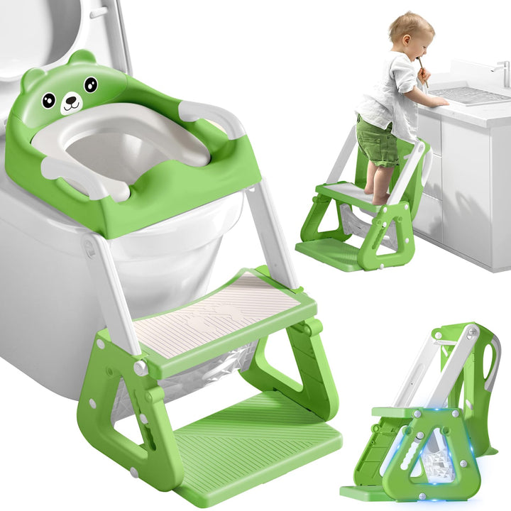 Toilettensitz für Kinder Mit Treppe - 2-in-1 WC Sitz Mit Gepolstertem Sitz, Höhenverstellbar Faltbar