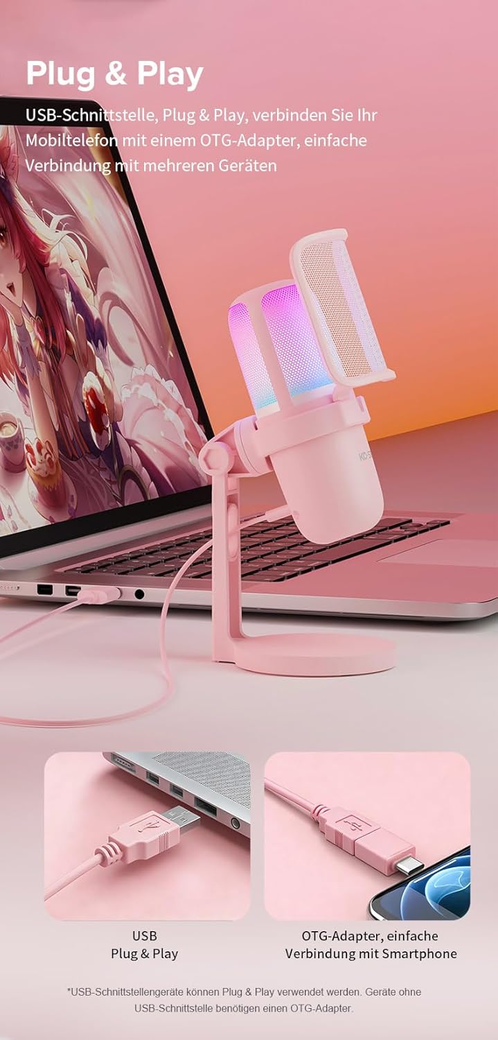 KO-Star M-630S USB Gaming Mikrofon RGB – Nierencharakteristik, Touch-Stummschaltung, Plug & Play, Me