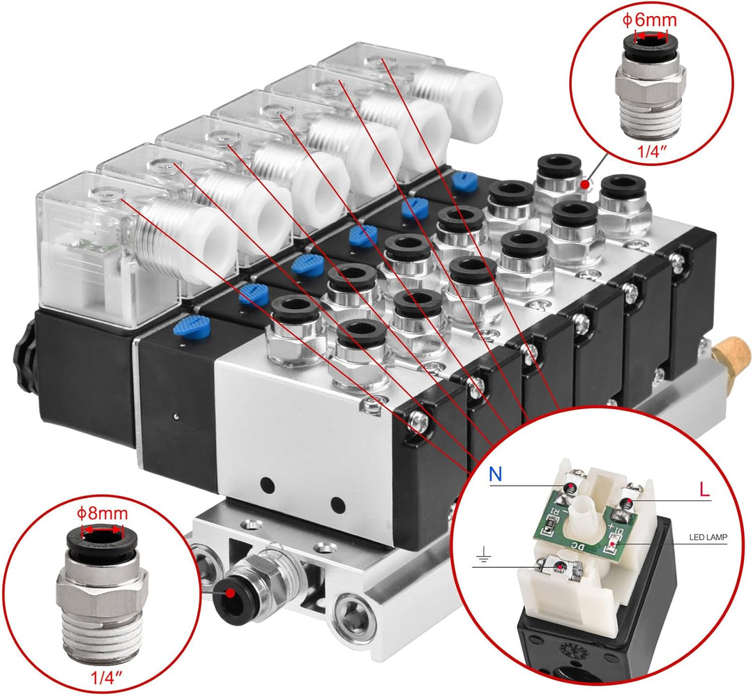 Heschen, elektrisches pneumatisches Magnetventil, 4V210-08, 6 Stück, DC 24 V, PT1/4, 5 Wege 2 Positi