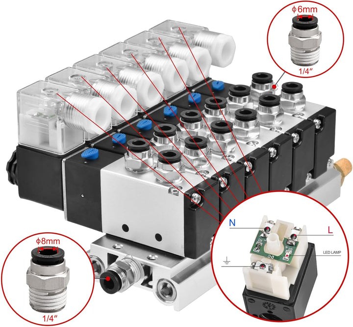 Heschen, elektrisches pneumatisches Magnetventil, 4V210-08, 6 Stück, DC 24 V, PT1/4, 5 Wege 2 Positi