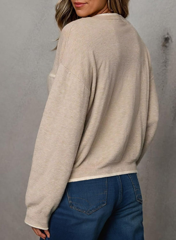 Dokotoo Pullover Damen Herbst Winter Strickpullover Rundhals Oberteil mit Brusttasche Langarm Warm P
