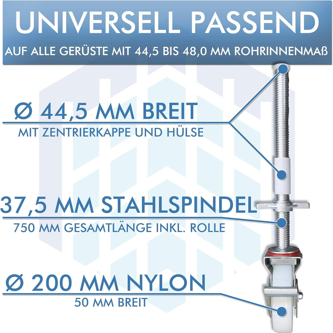 AC Steigtechnik Gerüstrollen 200 mm mit Stahlspindel, doppelt gebremst, lotrecht stehend, Set mit 4