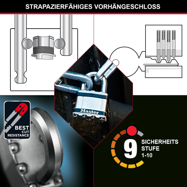MASTER LOCK Hochleistungsvorhängeschloss [Stahl, Gehäuseabdeckung aus Edelstahl] M5EURDSTS – Gesiche