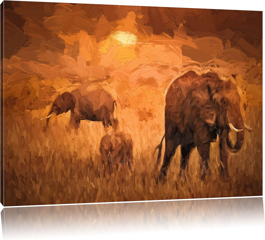 Pixxprint Elefanten in der Savanne / 100x70cm Leinwandbild bespannt auf Holzrahmen/Wandbild Kunstdru