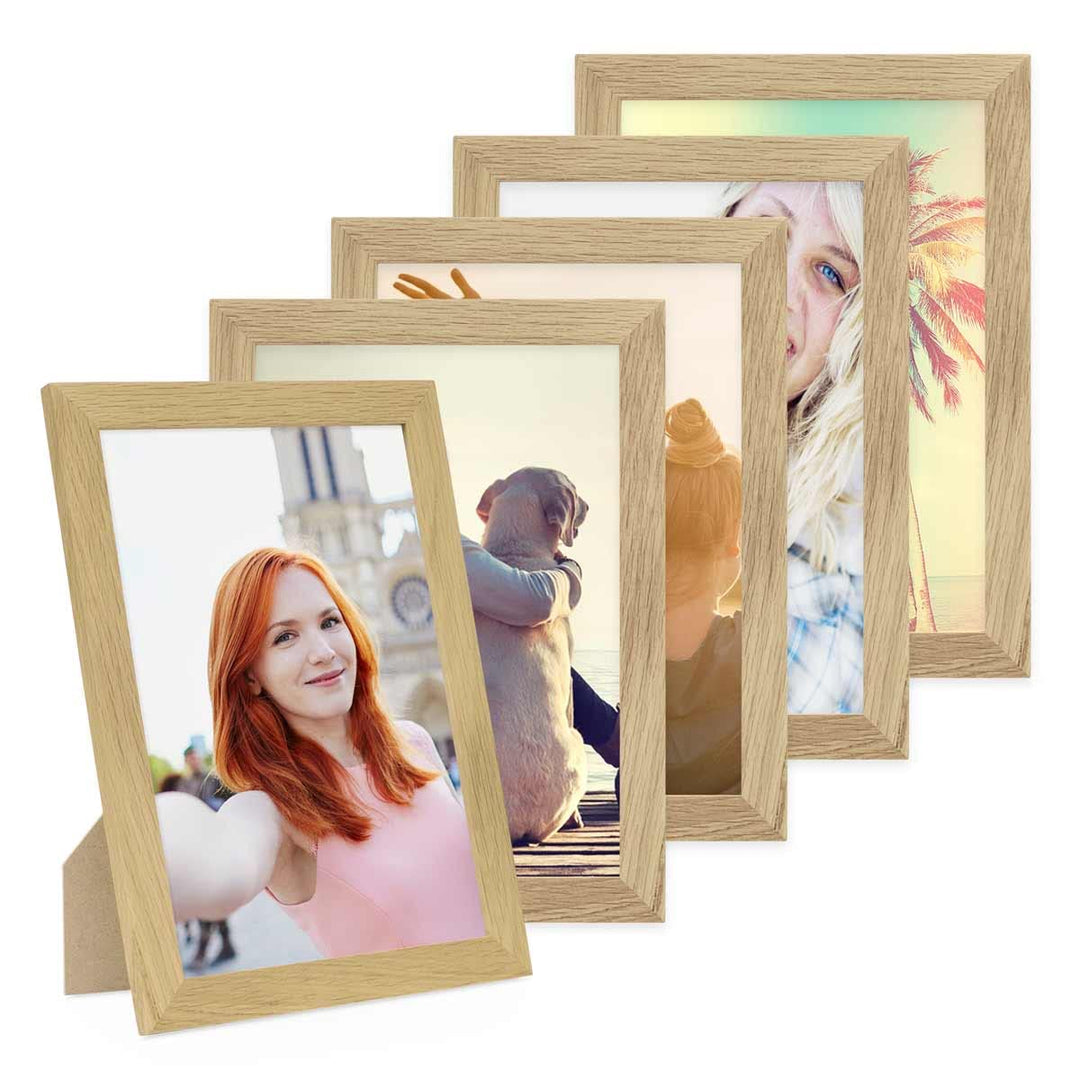 PHOTOLINI Bilderrahmen 18x24 cm Eiche Massivholz, breite Rahmen, 5er Set, modern, bruchsicheres Acry
