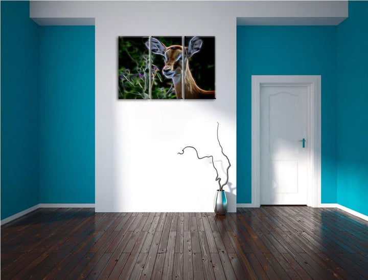 Dark niedliches Reh vor hoher Wiese NewArt 3-Teiler Leinwandbild 120x80 Bild auf Leinwand, XXL riesi