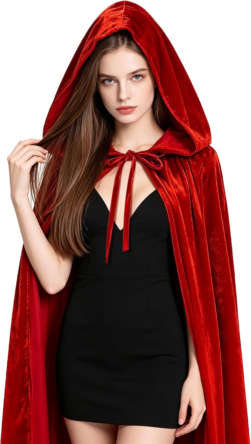Winwild Roter Samt Umhang mit Kapuze,150CM Halloween Cape Vampir Kostüm Damen Erwachsener für Karnev