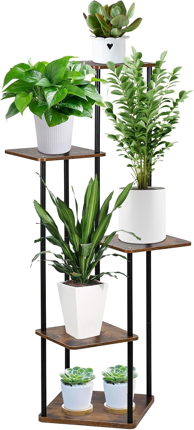 Generisch 5 Tier Hölzern Metall Blumenständer, Mehrstöckig Abnehmbarer Pflanzenständer Pflanzenregal