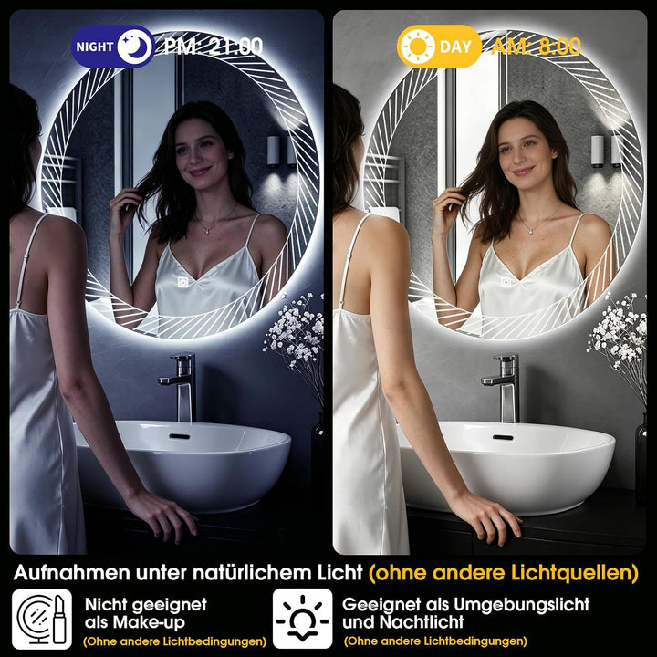 Rund Badezimmer Wandspiegel mit LED Beleuchtung, 80cm | Spiegel mit Linienmuster Licht, Touch Schalt