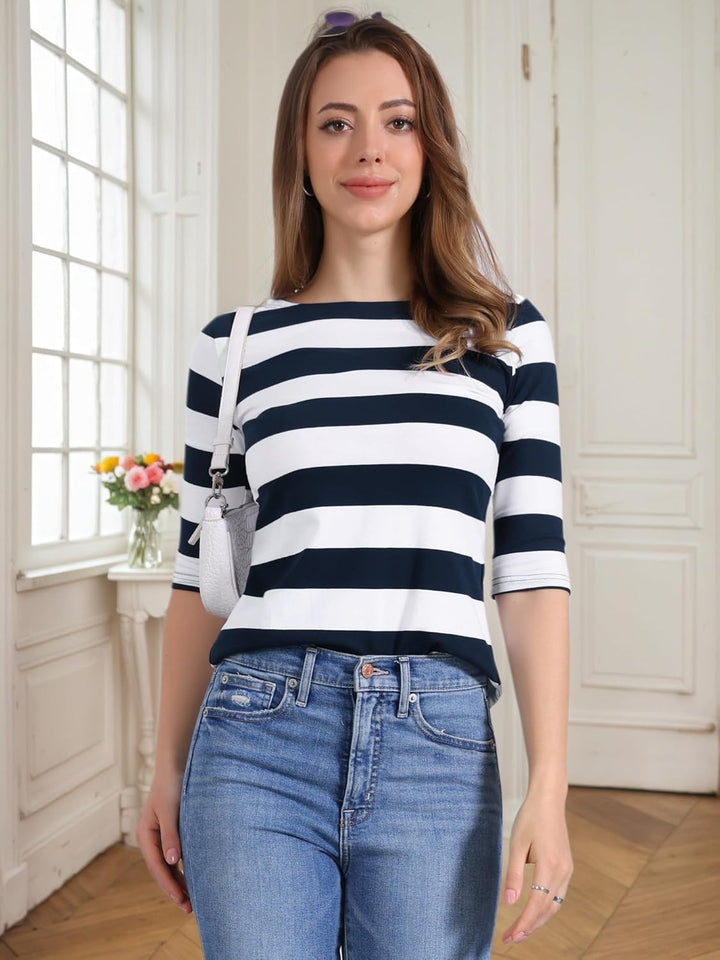 Allegra K Damen Gestreiftes Shirt U Boot Ausschnitt Halbarm Party Ferien Streifen Top Bluse XS Blau,