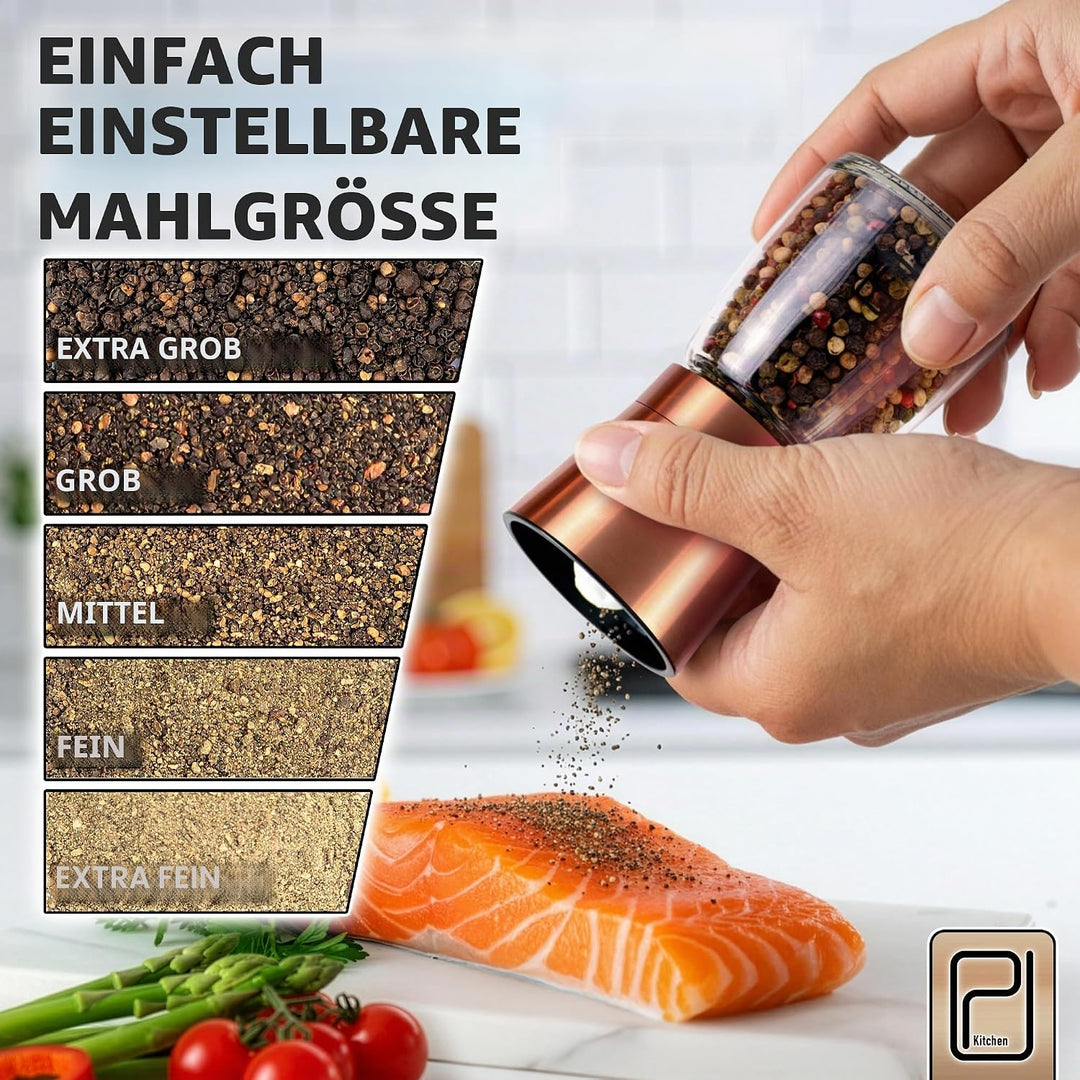 Premium Salz- und Pfeffermühle-Set - Beste kupferfarbige Edelstahl-Mühle, Handliche Magnetdeckel, Ke