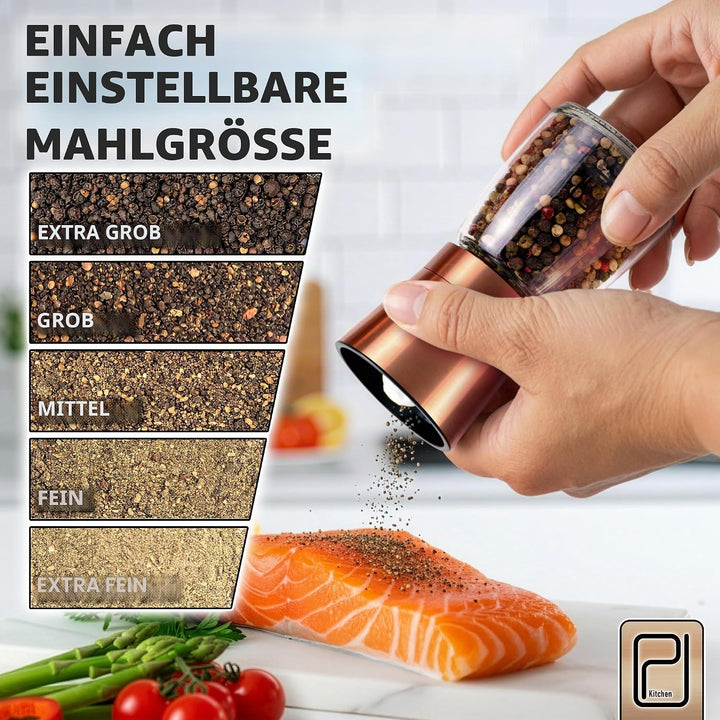 Premium Salz- und Pfeffermühle-Set - Beste kupferfarbige Edelstahl-Mühle, Handliche Magnetdeckel, Ke