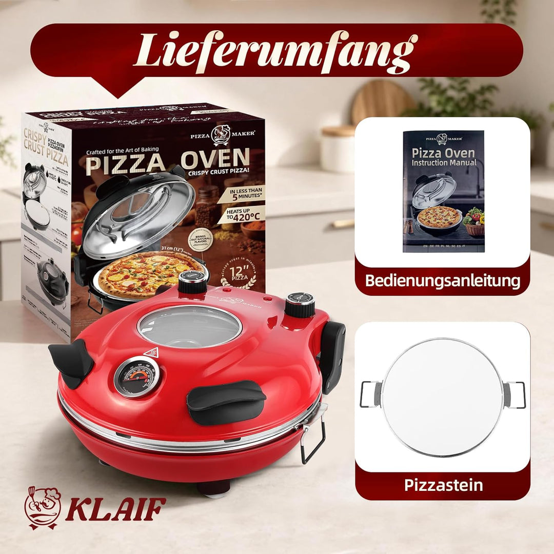 Klaif Elektrischer Pizzabäcker, 420 ℃, 1200 Watt, 5 separate Temperaturstufen, flammenbeständige Ste