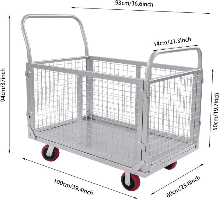 Plattformwagen mit abnehmbaren Gitter, 200KG TragfäHigkeit | Multifunktionaler Schubwagen mit Schwen