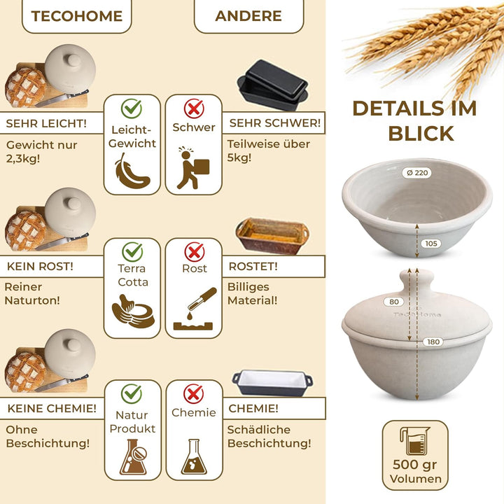 Brotbackform mit Deckel aus Naturton | Brotbackformen Natur-Ton zum Brotbacken | Brotbacktopf aus To