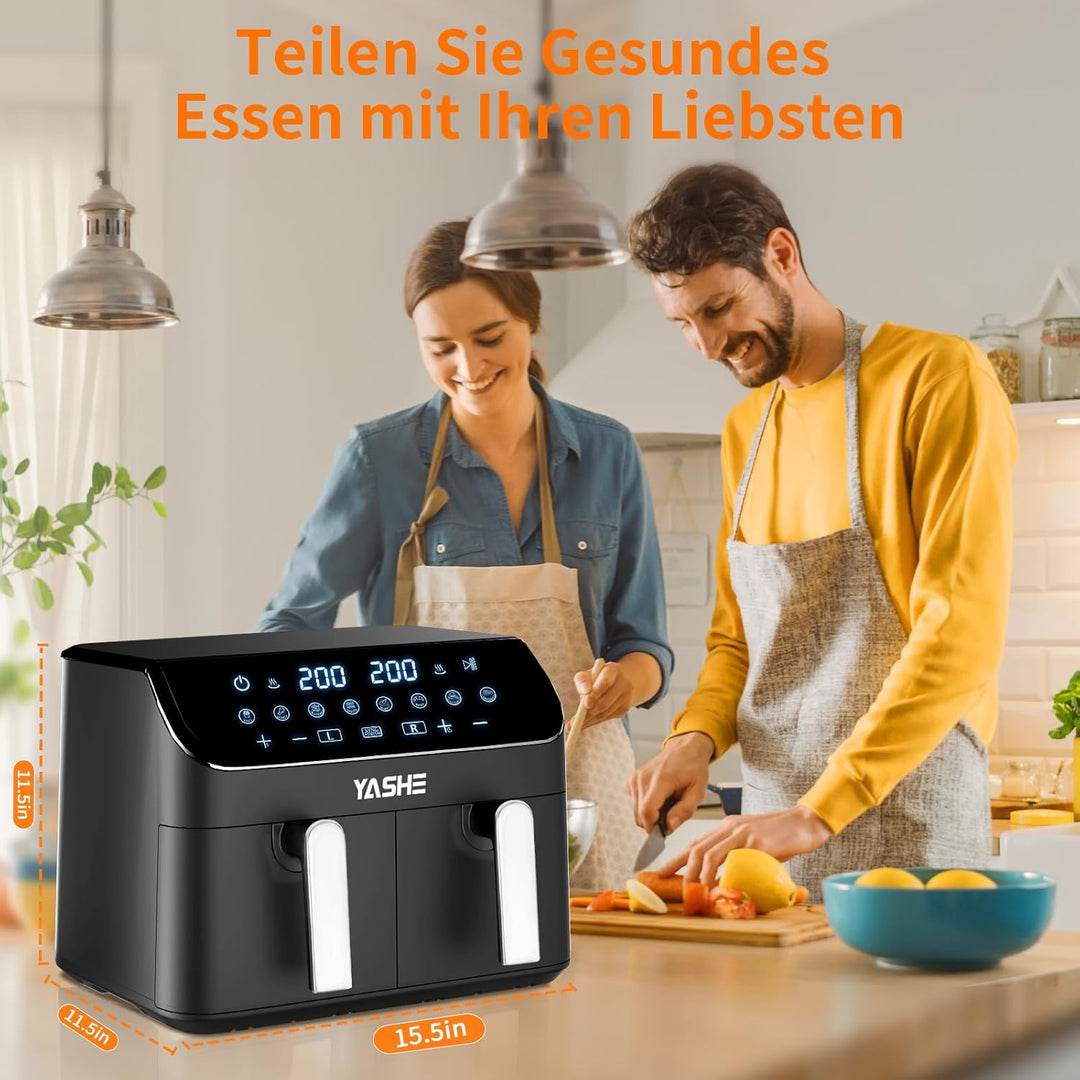 YASHE Dual Zone Heissluftfritteuse, 9L XL Kapazität Doppel-Airfryer mit Digital Control, 8-in-1 Koch