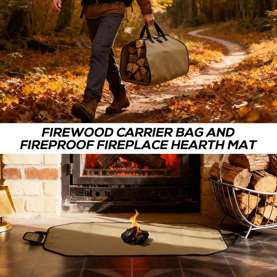 Brennholztasche und feuerfeste Kaminmatte, tolles Geschenk für die Hütte, grosse Brennholz-Tragetasc