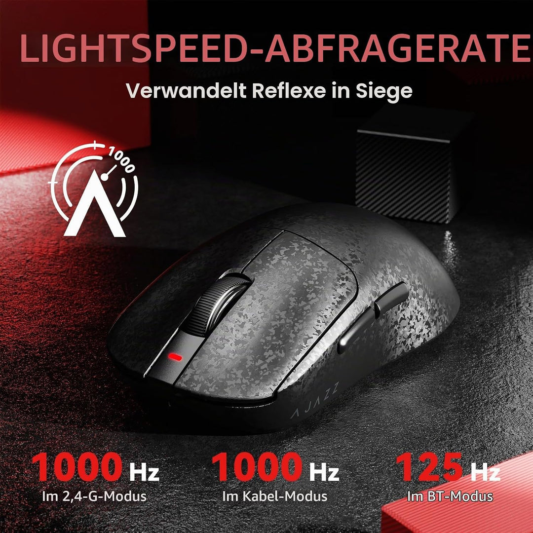 A.JAZZ AJ199 Carbonfaser-Gaming-Maus, Kabellos 2,4G/BT/USB-C Tri-Mode, Ultraleicht 55g, Optischer Pi