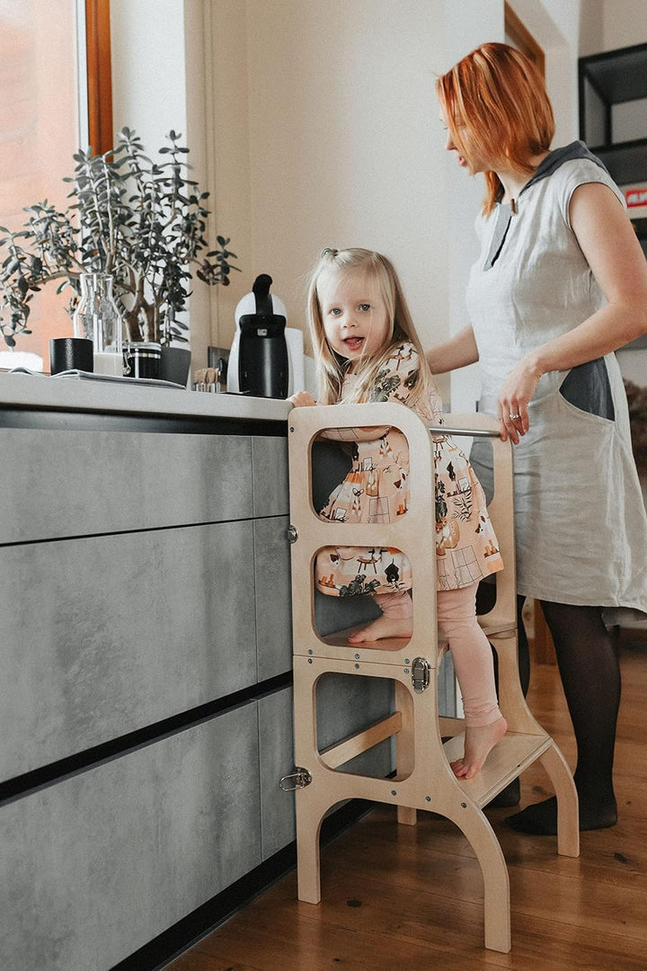Klappbarer Lernturm mit Sitzfunktion, 45 cm Stehhöhe, Step’n’Sit, Lernturm mit Sitz und Tisch umklap