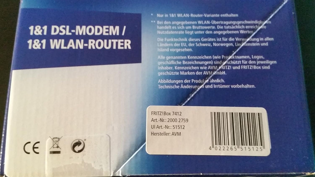 Fritzbox 7412 von 1&1 DSL Modem/WLAN Router