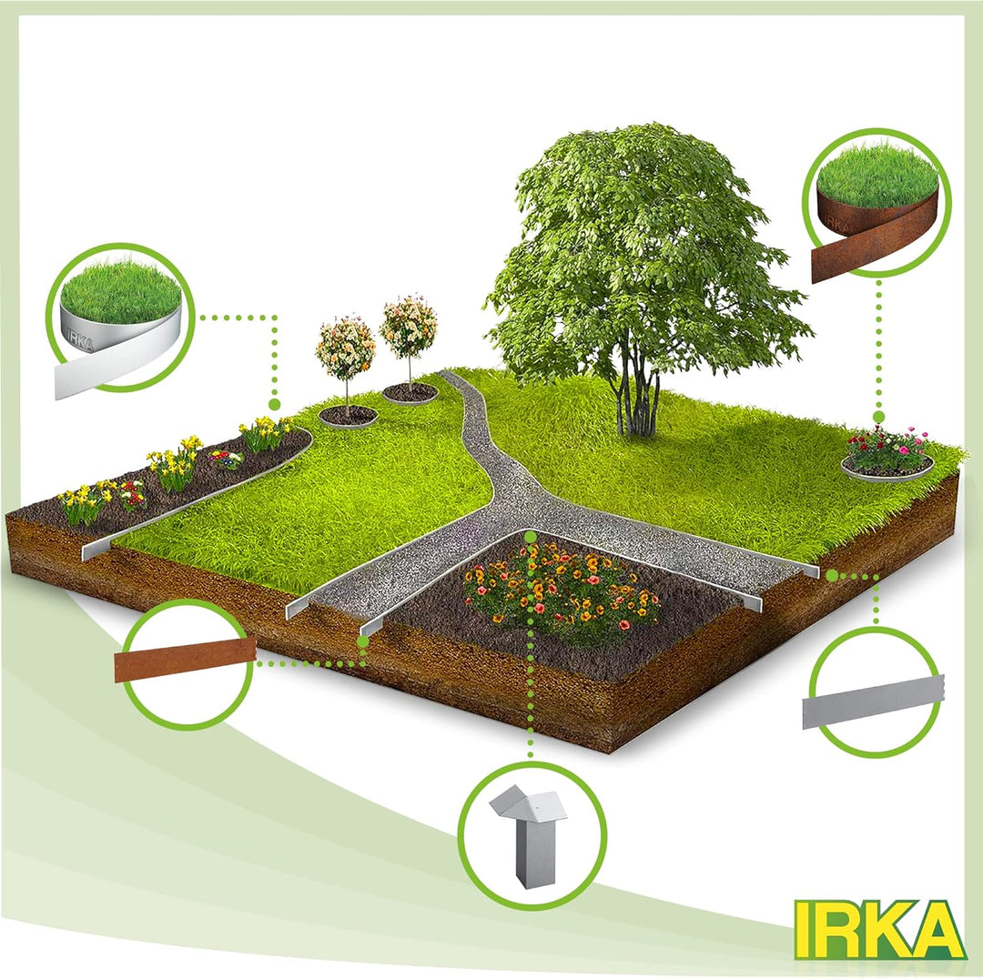 IRKA Rasenkante Cortenstahl Garten 14 cm x 100 cm x 1mm | Set 10 Stück | Cortenstahl stabile Mähkant