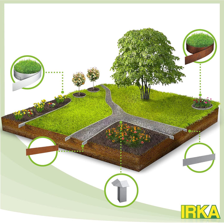 IRKA Rasenkante Cortenstahl Garten 14 cm x 100 cm x 1mm | Set 10 Stück | Cortenstahl stabile Mähkant