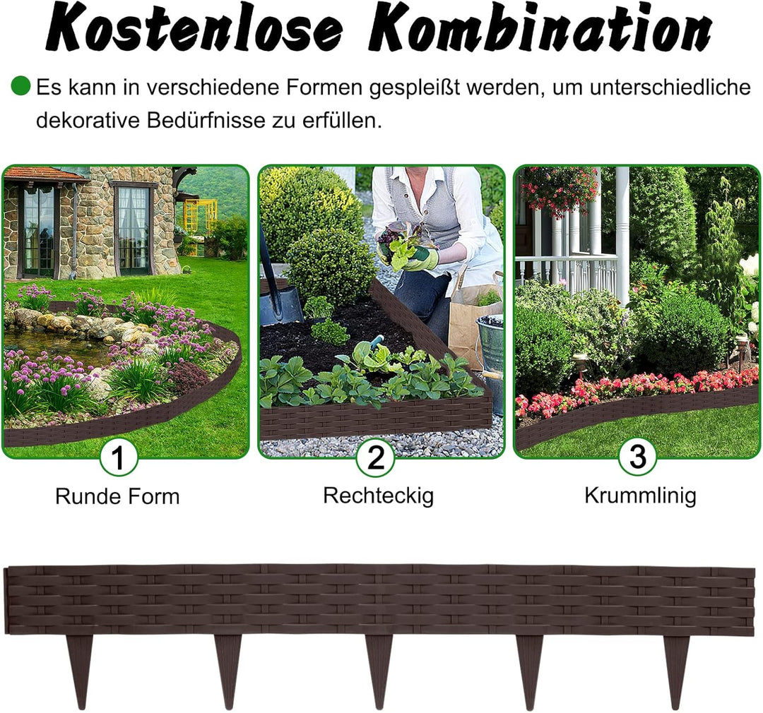 YUENFONG Beeteinfassung Rasenkante 20m Beetumrandungen Rattan-Optik Beeteinfassungen Zaun Gartenpali