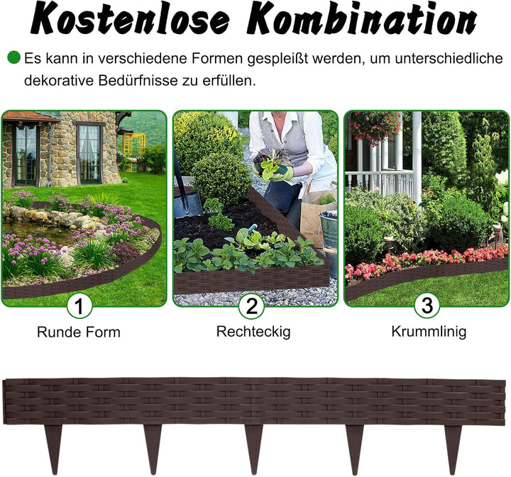 YUENFONG Beeteinfassung Rasenkante 20m Beetumrandungen Rattan-Optik Beeteinfassungen Zaun Gartenpali
