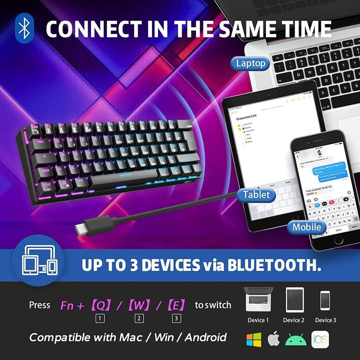 RK ROYAL KLUDGE RK61 Mechanische Tastatur 2,4 GHz Kabellose/Bluetooth/Verkabelte 60% Gaming Tastatur