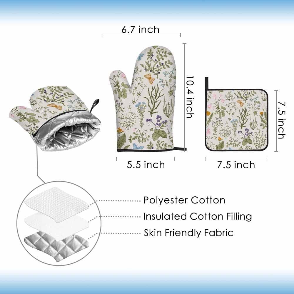 Blumen-Ofenhandschuhe und Topflappen-Set, Wildblumen, Kräuter, hitzebeständig, 3 Stück zum Kochen, B
