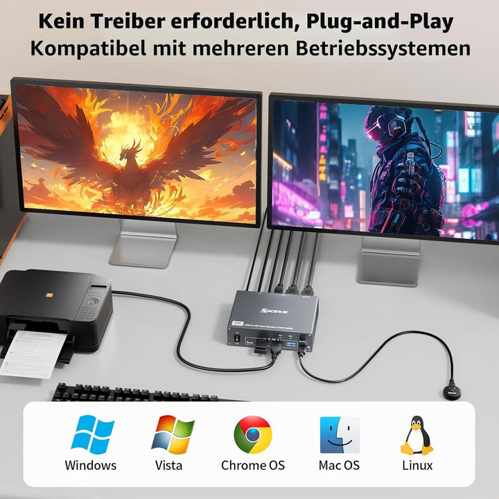 4K@60Hz USBC HDMI KVM Switch 2 PC 2 Monitore für 1 Laptop und 1 Desktop, Dual Monitor KVM Switch mit