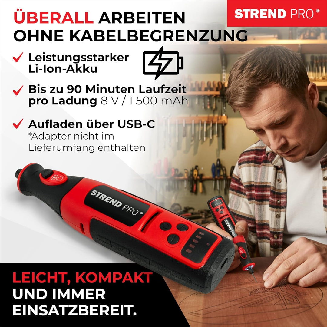 STREND PRO Akku Multifunktionswerkzeug | Rotationswerkzeug 8 V, 1500 mAh| Gravur Gerät | Mini Schlei