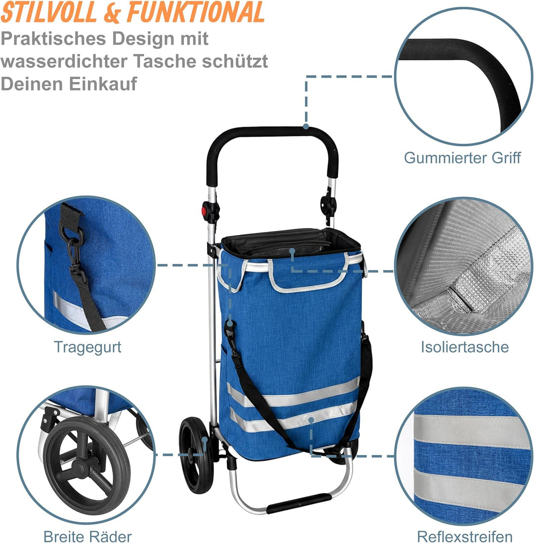 Relaxdays Einkaufstrolley, 2 grosse Räder, Kühlfach, abnehmbare Tasche, 45 l, bis 35 kg, Einkaufswag