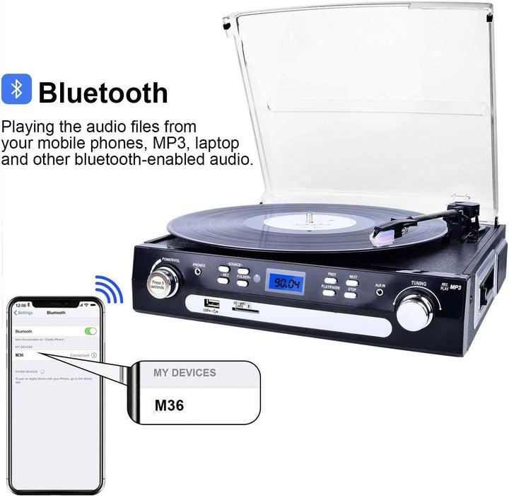 DIGITNOW! Vinil pikap Bluetooth pikap çalar Stereo hoparlörlü, pikap çalar 3 hız kademesi, kaset AM/