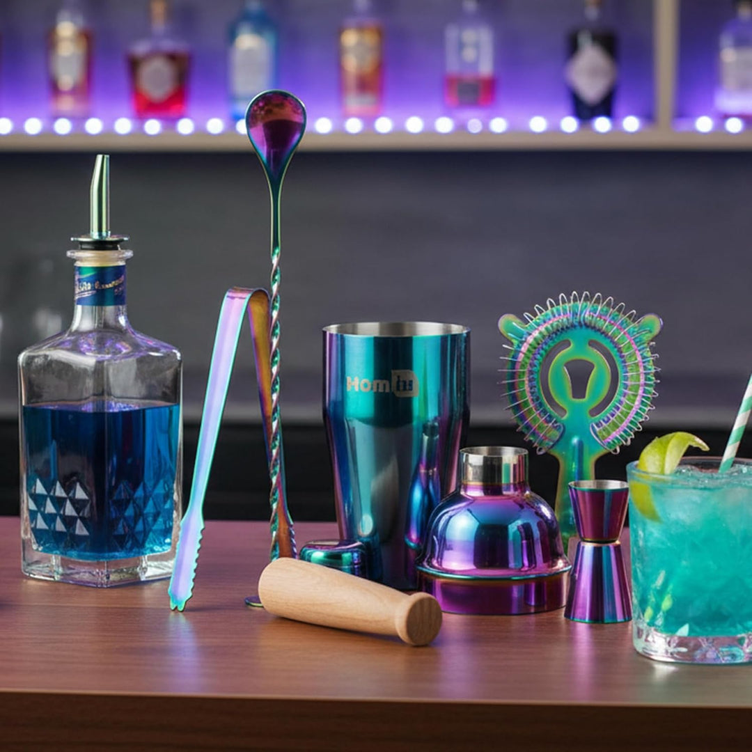 Homiu, Qualitatives Edelstahl Cocktail – Shaker Set (550ml) mit Rainbow Design, schillernder Edelsta