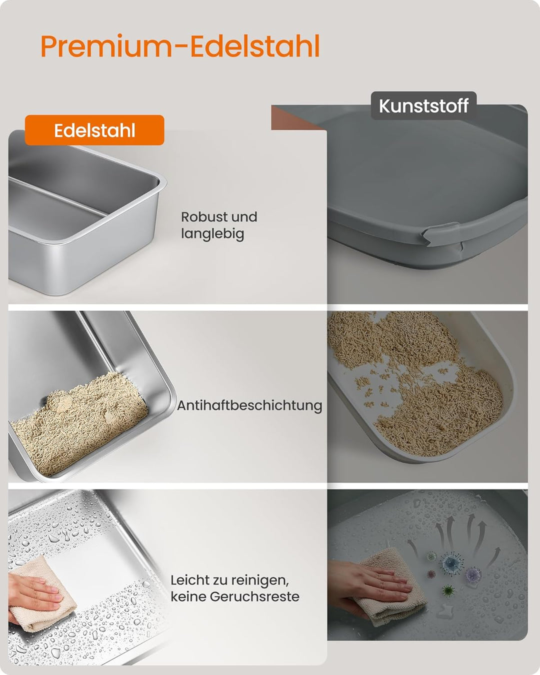Feandrea Katzenklo Edelstahl, Katzentoilette, offenes Design, mit hohen Seitenwänden, Trittstufe, Sc