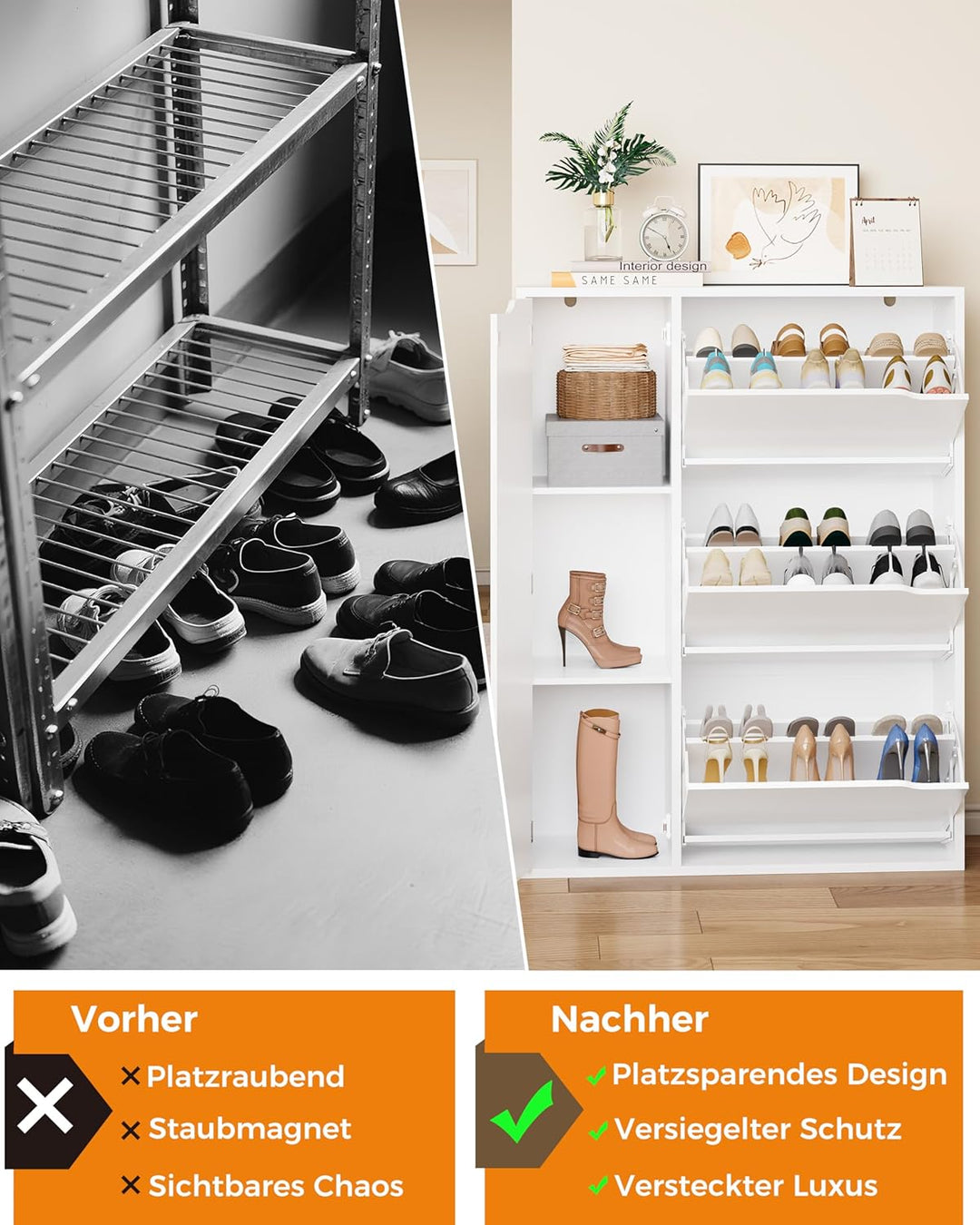 IRONCK Schuhschrank mit 3 Klappen, Schuhkipper Schmal mit Tür, Schuhregal Flur freistehend, Schuhkom