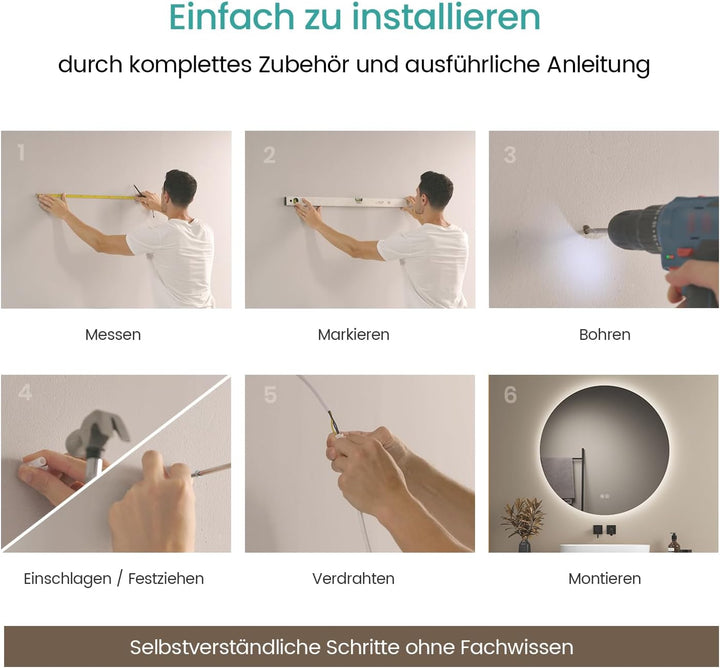 EMKE Runder LED Badspiegel mit Beleuchtung – Badezimmerspiegel 80 cm, 3 Lichtfarben (Warmweiss/Neutr